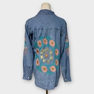 Rails Floral Medallion Embroidered Chambray Denim Button Down Shirt Size XS